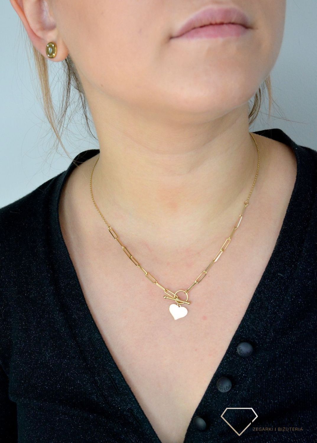 Złoty naszyjnik dwa łańcuszki modne zapięcie z wiszącym sercem NA 2997.jpg